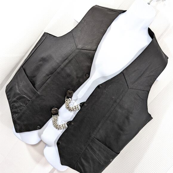 ALLSTATE LEATHER! HEAVY BLACK GENUINE LEATHER BIKER/MOTO VEST POW CHAINS! SZ 2XL - Picture 1 of 13